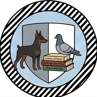 Illustrated crest with a miniature pinscher and a pigeon flanking a stack of books, inside a black-and-white striped ring